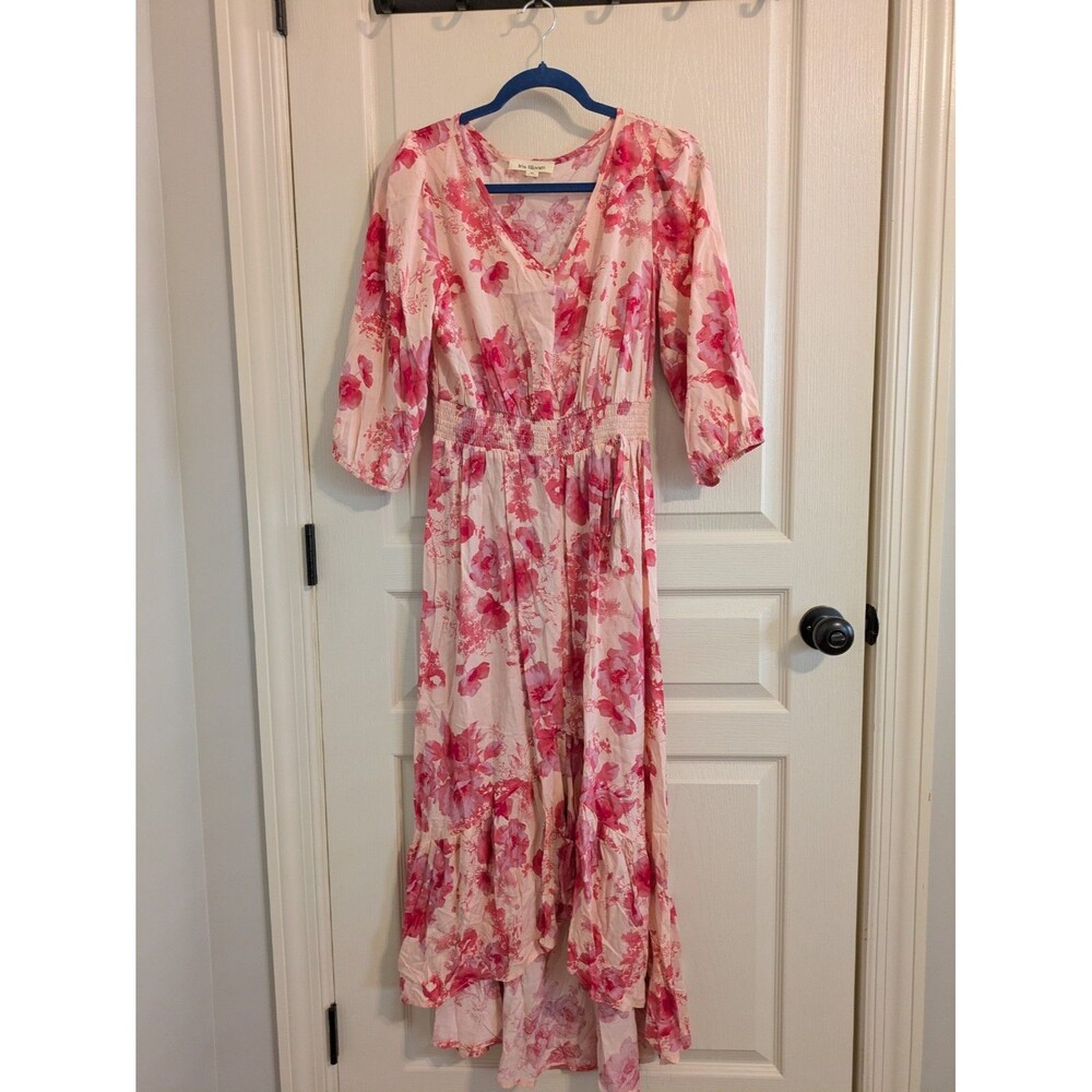 Iris Bloom Pink Boho Floral-print Midi Dress Smocked Waist Size Medium